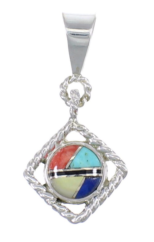 Multicolor Inlay Authentic Sterling Silver Southwest Pendant RX70764