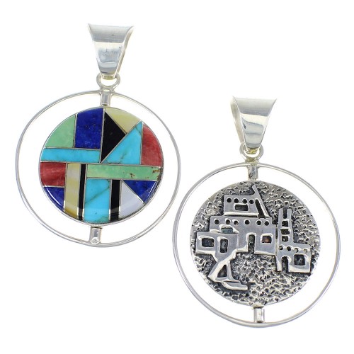 Native American Pueblo Village Design Silver And Multicolor Southwest Reversible Pendant YX68203