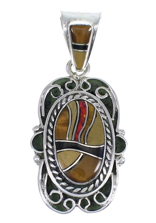 Multicolor Inlay And Authentic Sterling Silver Southwestern Slide Pendant YX67920