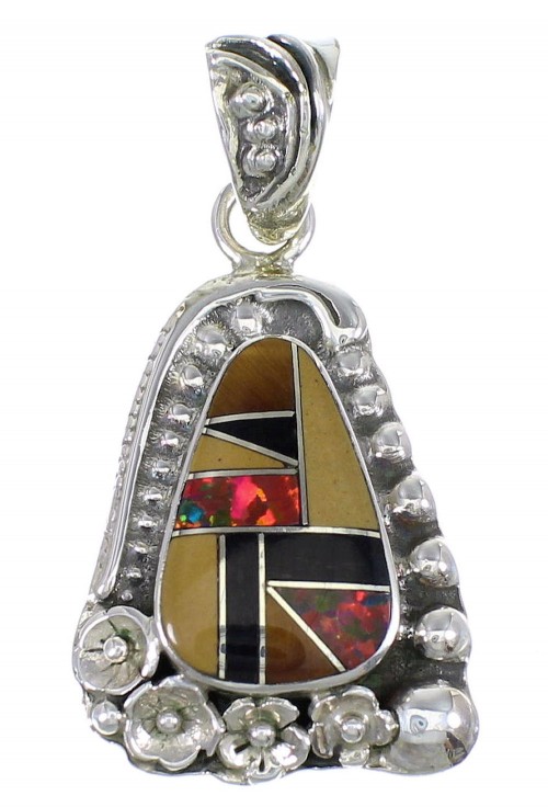 Multicolor Inlay And Authentic Sterling Silver Flower Southwest Pendant YX67923