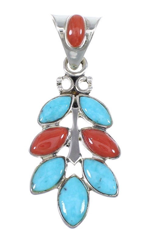 Genuine Sterling Silver Turquoise And Coral Southwestern Slide Pendant YX67747