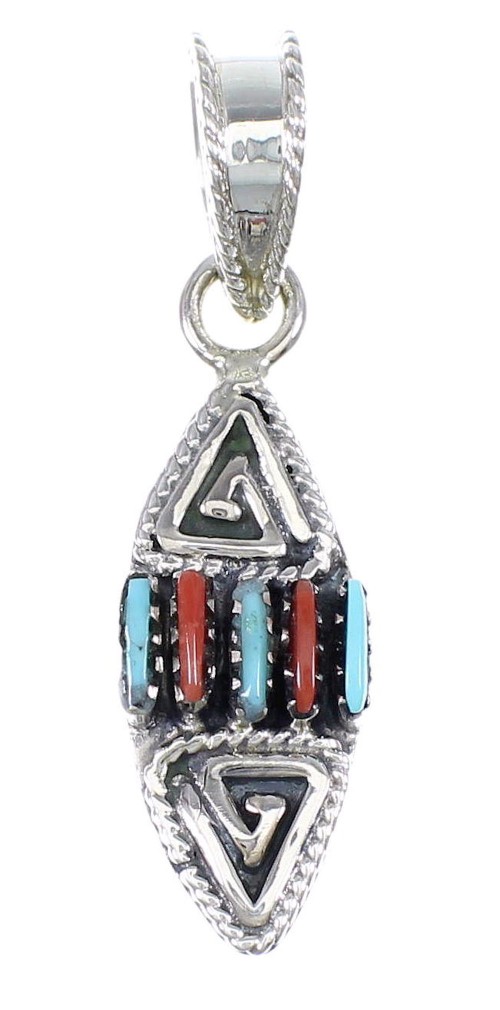 Water Wave Needlepoint Sterling Silver Turquoise And Coral Southwestern Slide Pendant YX67751