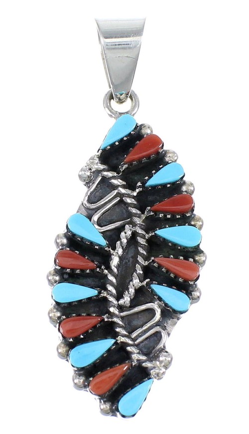 Sterling Silver Turquoise And Coral Needlepoint Southwest Pendant YX67753