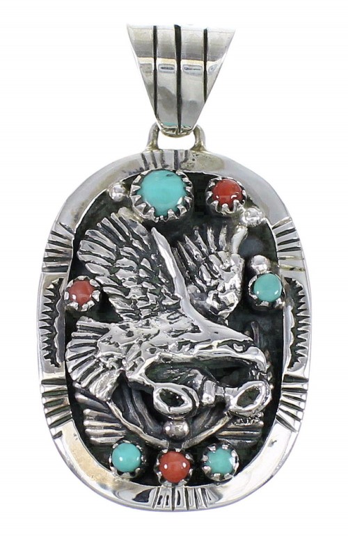 Sterling Silver Turquoise And Coral Eagle Southwest Pendant YX67758