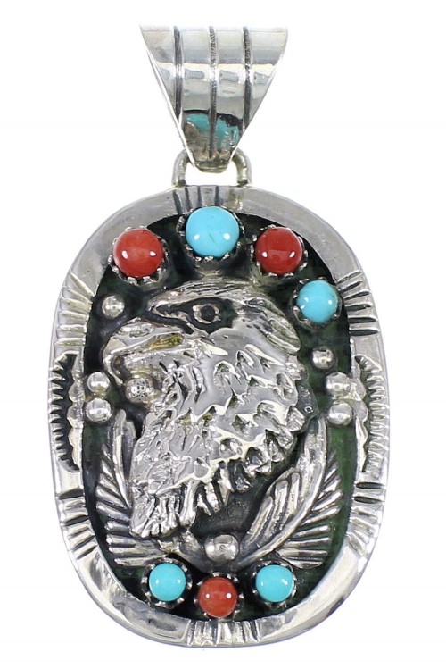 Sterling Silver Turquoise And Coral Eagle Southwestern Slide Pendant YX67764