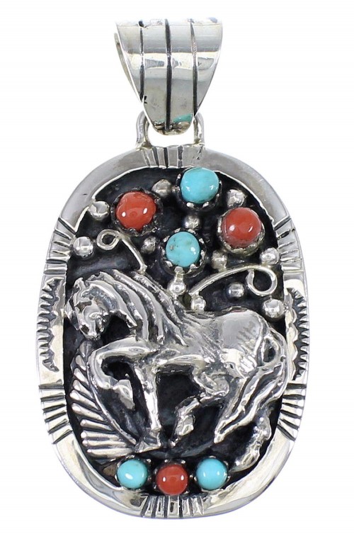 Sterling Silver Turquoise And Coral Horse Southwestern Pendant YX67770