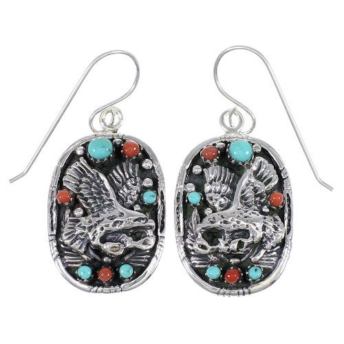 Sterling Silver Turquoise And Coral Southwest Eagle Hook Dangle Earrings YX68063