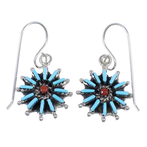 Sterling Silver Turquoise And Coral Southwest Needlepoint Hook Dangle Earrings YX68073