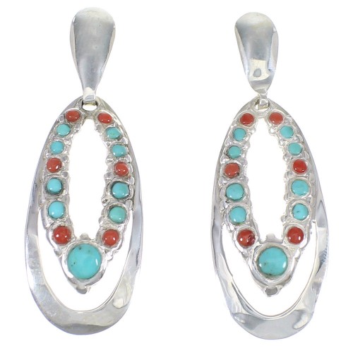 Sterling Silver Turquoise And Coral Genuine Southwestern Post Dangle Earrings YX68127