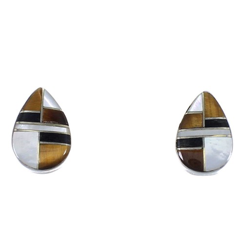 Southwestern Sterling Silver Multicolor Inlay Tear Drop Post Earrings YX70893