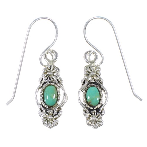 Southwestern Authentic Sterling Silver And Turquoise Flower Hook Dangle Earrings YX68642