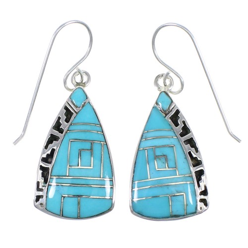Southwestern Turquoise And Sterling Silver Hook Dangle Earrings YX69741