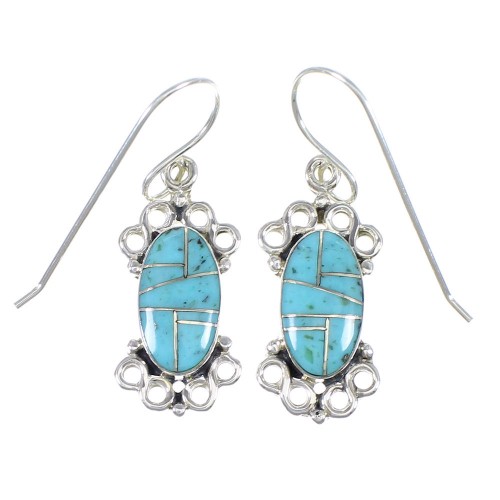 Southwest Turquoise Inlay And Sterling Silver Hook Dangle Earrings YX69785