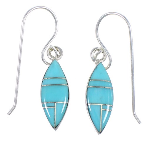 Southwestern Sterling Silver And Turquoise Inlay Hook Dangle Earrings YX69801