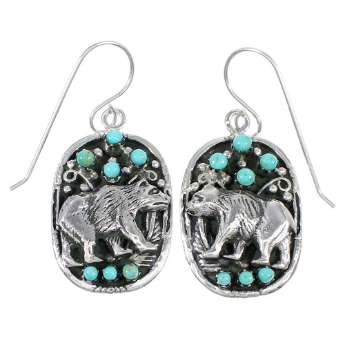 Genuine Sterling Silver Southwest Turquoise Bear Hook Dangle Earrings QX70270