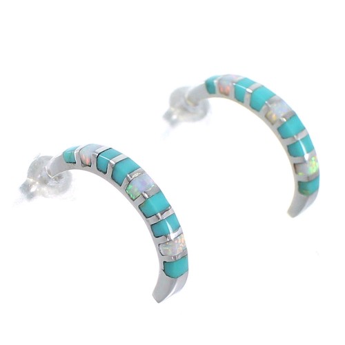 Sterling Silver Turquoise Opal Post Hoop Earrings QX72202