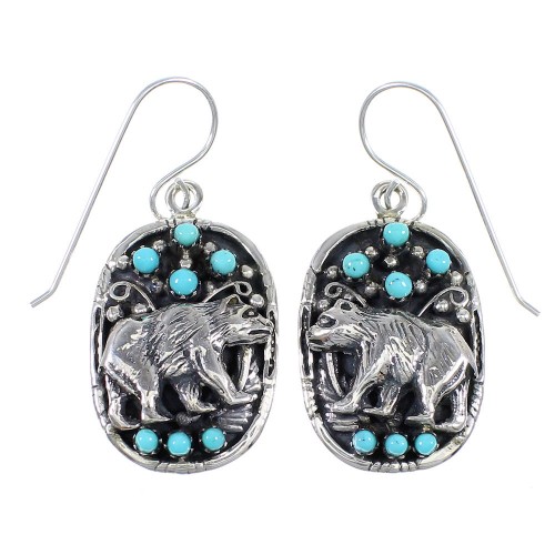 Southwestern Sterling Silver Turquoise Bear Hook Dangle Earrings QX69239