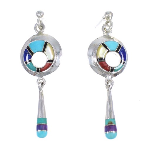 Southwestern Multicolor Inlay Sterling Silver Post Dangle Earrings RX70395