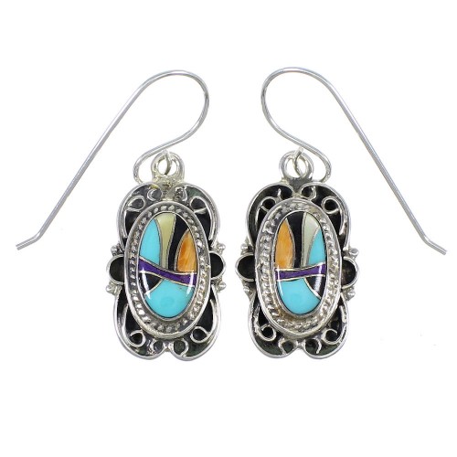 Genuine Sterling Silver Multicolor Inlay Southwest Hook Dangle Earrings RX70441