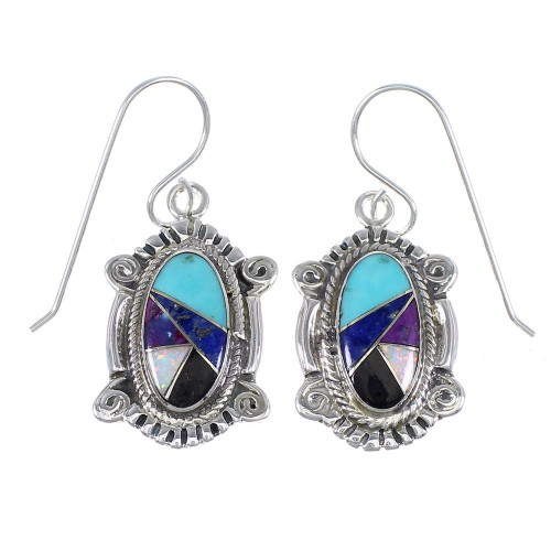 Southwest Sterling Silver Multicolor Inlay Hook Dangle Earrings RX70517