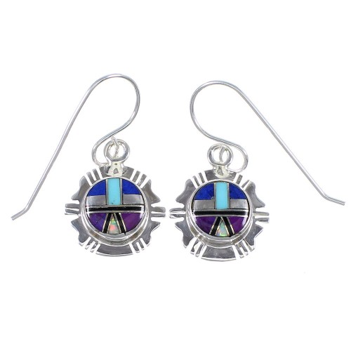 Multicolor Inlay Genuine Sterling Silver Southwest Hook Dangle Earrings RX70542