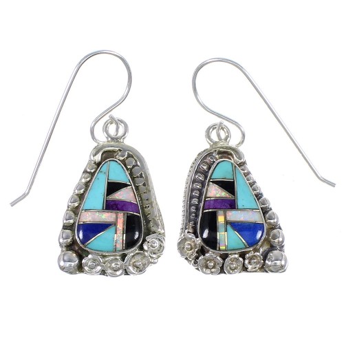 Sterling Silver Southwest Multicolor Inlay Hook Dangle Earrings RX70569