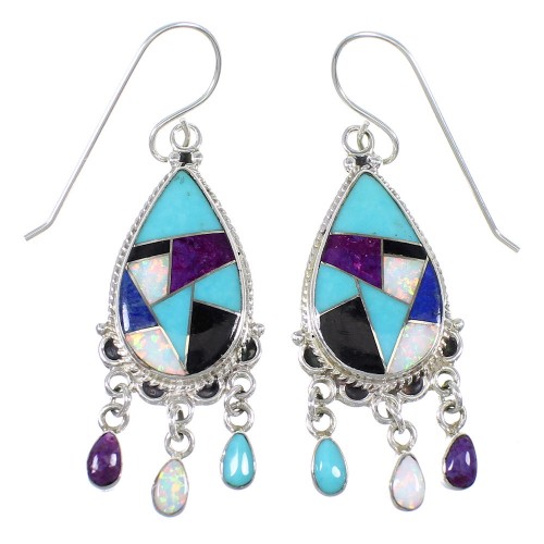 Multicolor Inlay Southwest Sterling Silver Hook Dangle Earrings RX70594