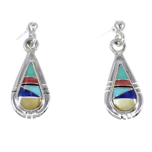 Authentic Sterling Silver Southwest Multicolor Inlay Tear Drop Post Dangle Earrings QX72131