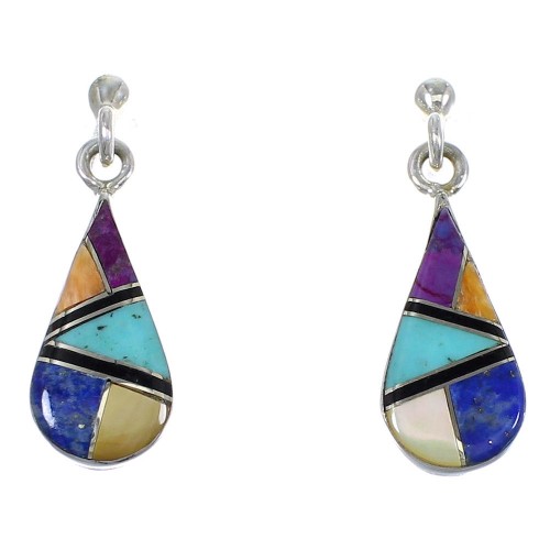 Multicolor Inlay Tear Drop Authentic Sterling Silver Southwest Post Dangle Earrings QX72184