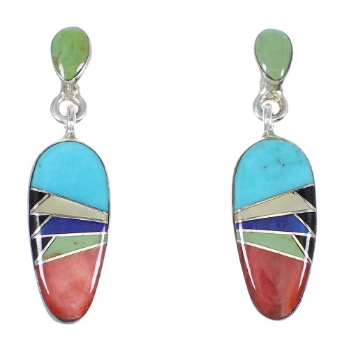 Southwestern Authentic Sterling Silver Multicolor Inlay Post Dangle Earrings QX72142