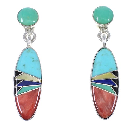 Southwest Genuine Sterling Silver Multicolor Inlay Post Dangle Earrings QX72147
