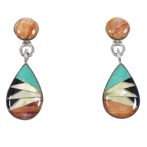 Sterling Silver Tear Drop Multicolor Inlay Post Dangle Earrings QX72161