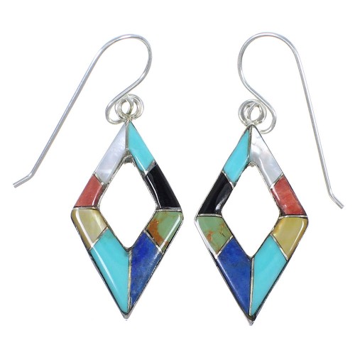 Sterling Silver Multicolor Inlay Southwest Hook Dangle Earrings QX72170