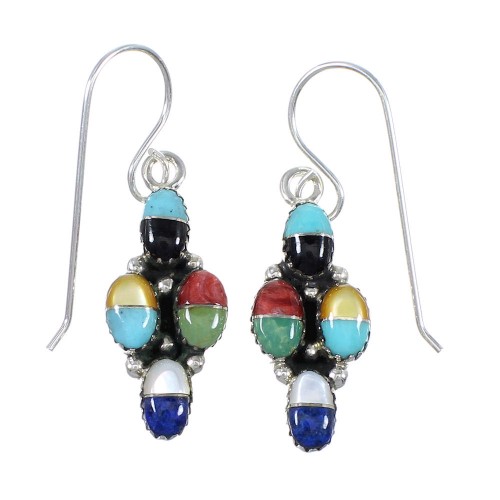 Multicolor Inlay Sterling Silver Southwest Hook Dangle Earrings QX72179