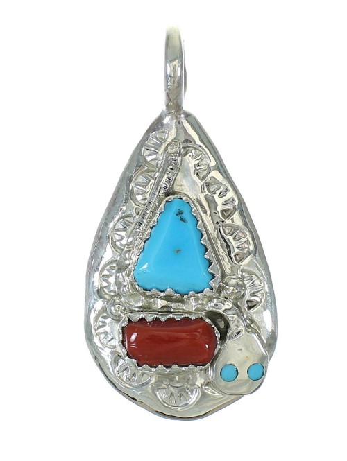 Turquoise And Coral Silver Zuni American Indian Snake Effie Calavaza Pendant WX72512