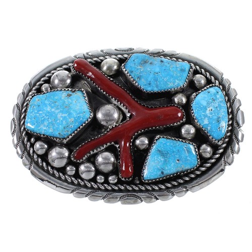 Turquoise And Coral Silver Zuni Belt Buckle AX73405