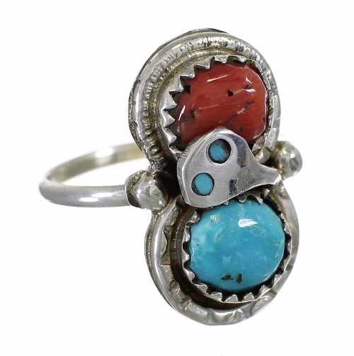 Effie Calavaza Zuni Indian Sterling Silver Turquoise Coral Ring Size 6-1/4 YX74281