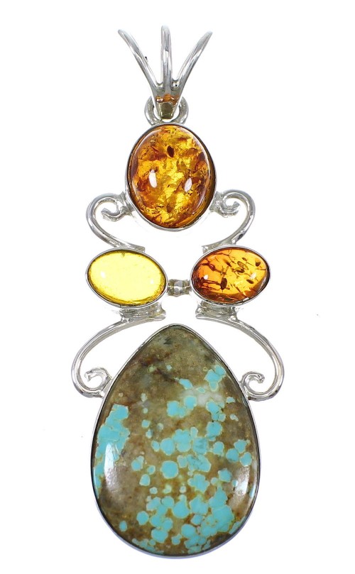 Sterling Silver #8 Turquoise Amber Southwest Pendant YX77179
