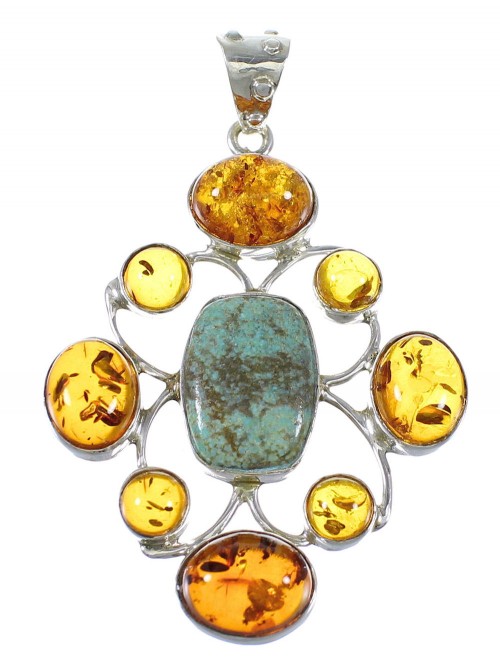 Southwest Sterling Silver #8 Turquoise Amber Pendant YX77224