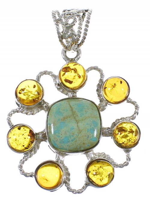 #8 Turquoise And Amber Southwest Genuine Sterling Silver Pendant QX74117