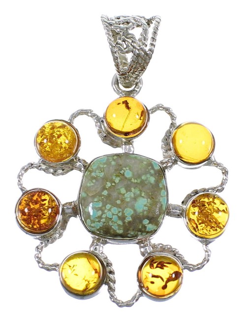 Authentic Sterling Silver Southwest #8 Turquoise And Amber Pendant QX74152