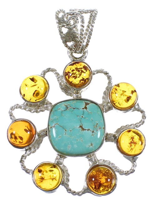 Genuine Sterling Silver Southwest #8 Turquoise And Amber Pendant QX74156