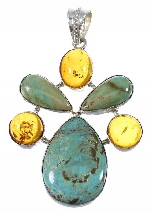 Turquoise And Amber Southwestern Authentic Sterling Silver Jewelry Pendant QX74166