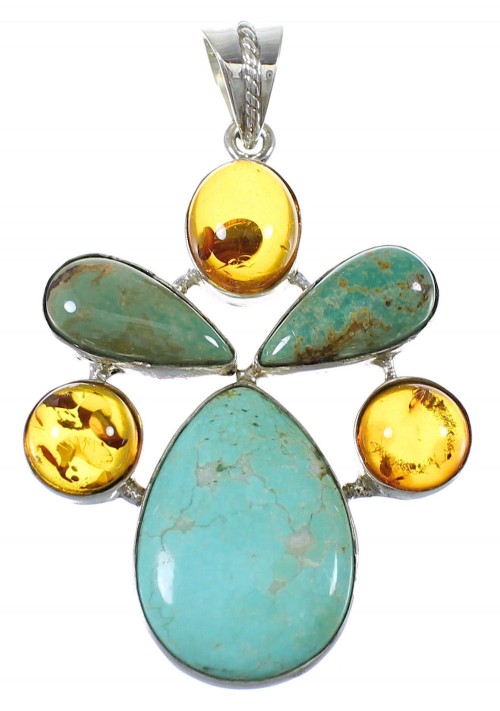 Southwestern Sterling Silver Turquoise And Amber Jewelry Pendant QX74175