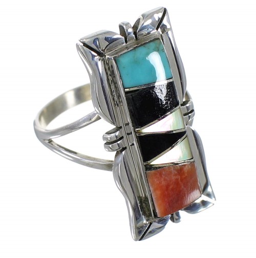 Authentic Sterling Silver Southwestern Multicolor Inlay Ring Size 7-3/4 QX75608