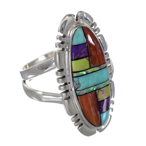 Genuine Sterling Silver Southwestern Multicolor Inlay Ring Size 6-3/4 QX75611