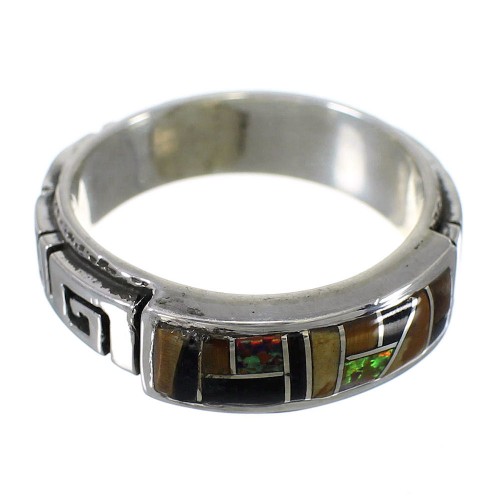 Multicolor Inlay Sterling Silver Southwest Water Wave Ring Size 7-1/4 QX75621