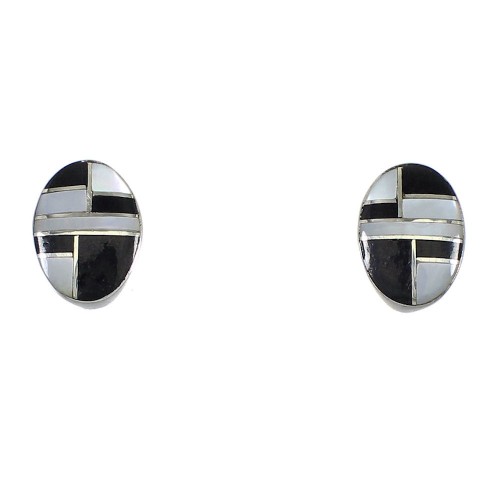 Jet And Mother Of Pearl Southwest Silver Post Earrings QX75461