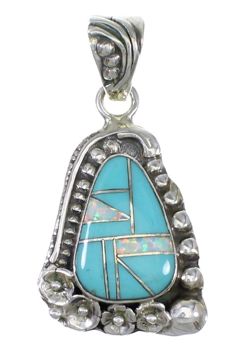 Turquoise Opal Flower Southwestern Genuine Sterling Silver Pendant AX76539