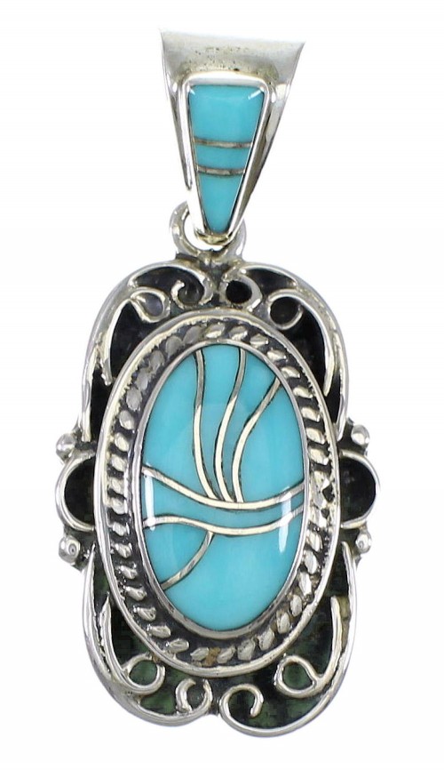 Turquoise Inlay Southwestern Authentic Sterling Silver Pendant QX77467